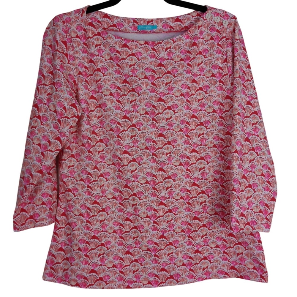 J. McLaughlin Seashell Fan Boatneck Top Size Large Pink Orange 3/4 Sleeve